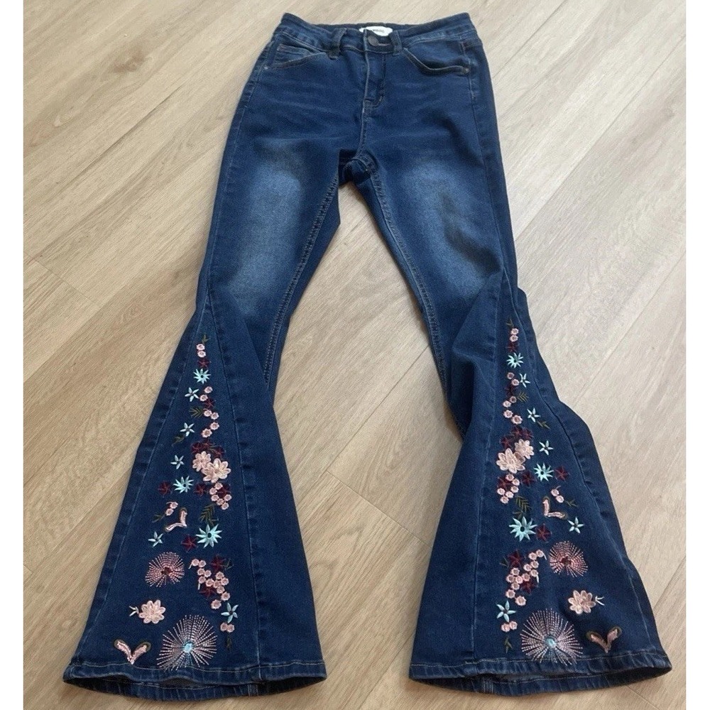 Bamboo Denim Jeans Floral Embroidered Flare Bell Bottom  Women's Sz 1 Stretch